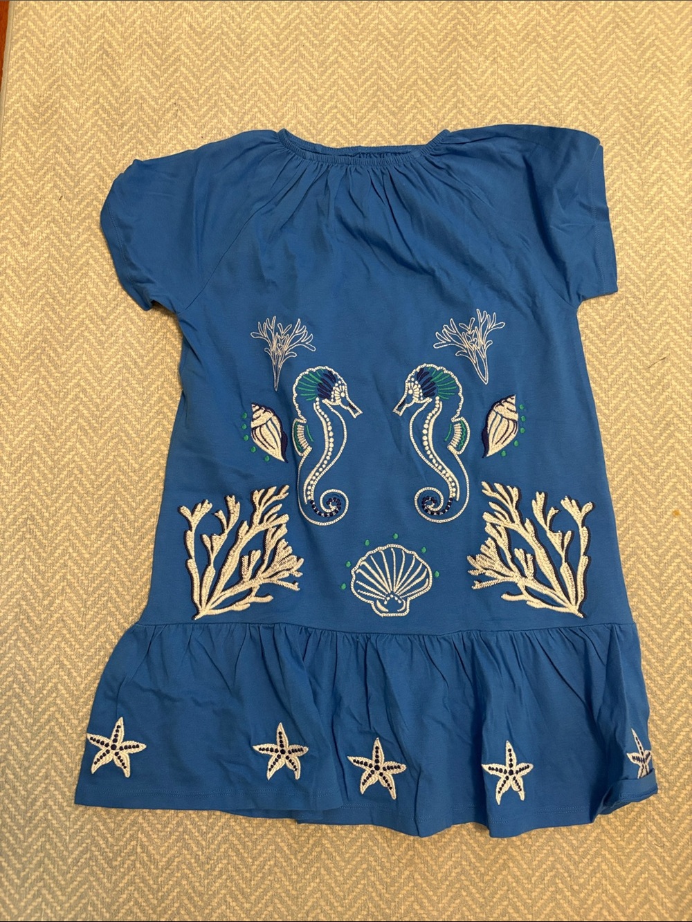 NEW Mini Boden Royal Blue Seahorse Embroidered Drop Waist Dress